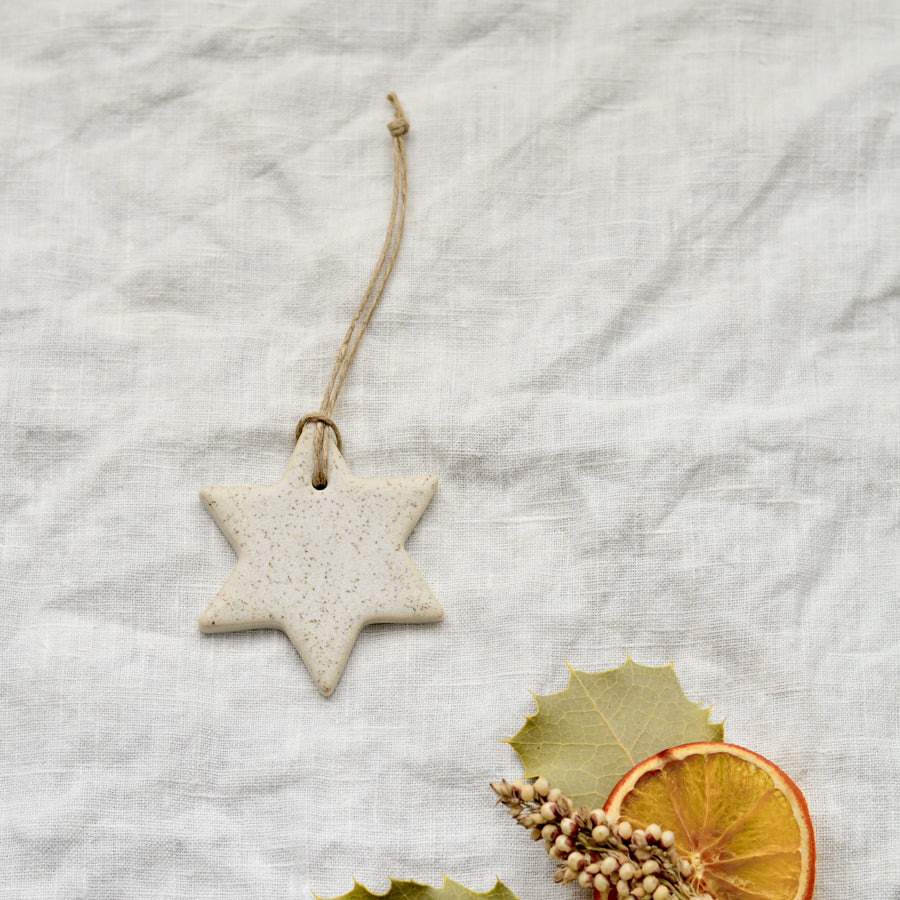 Handmade ceramic Christmas star and bauble ornaments and decorations in speckled white by Kim Wallace Ceramics Australia