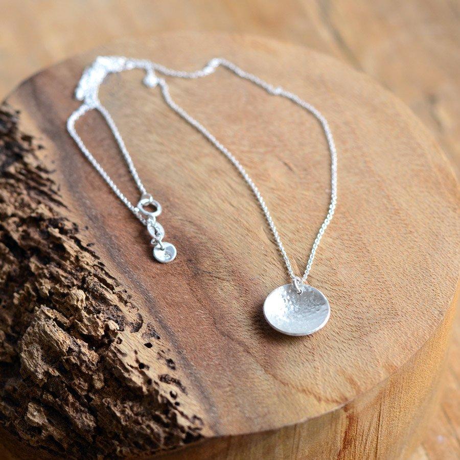 Sterling Silver Necklace with Cubic Zirconia - Hammered Round Disc - Ref No  AP525-2129 / Apart